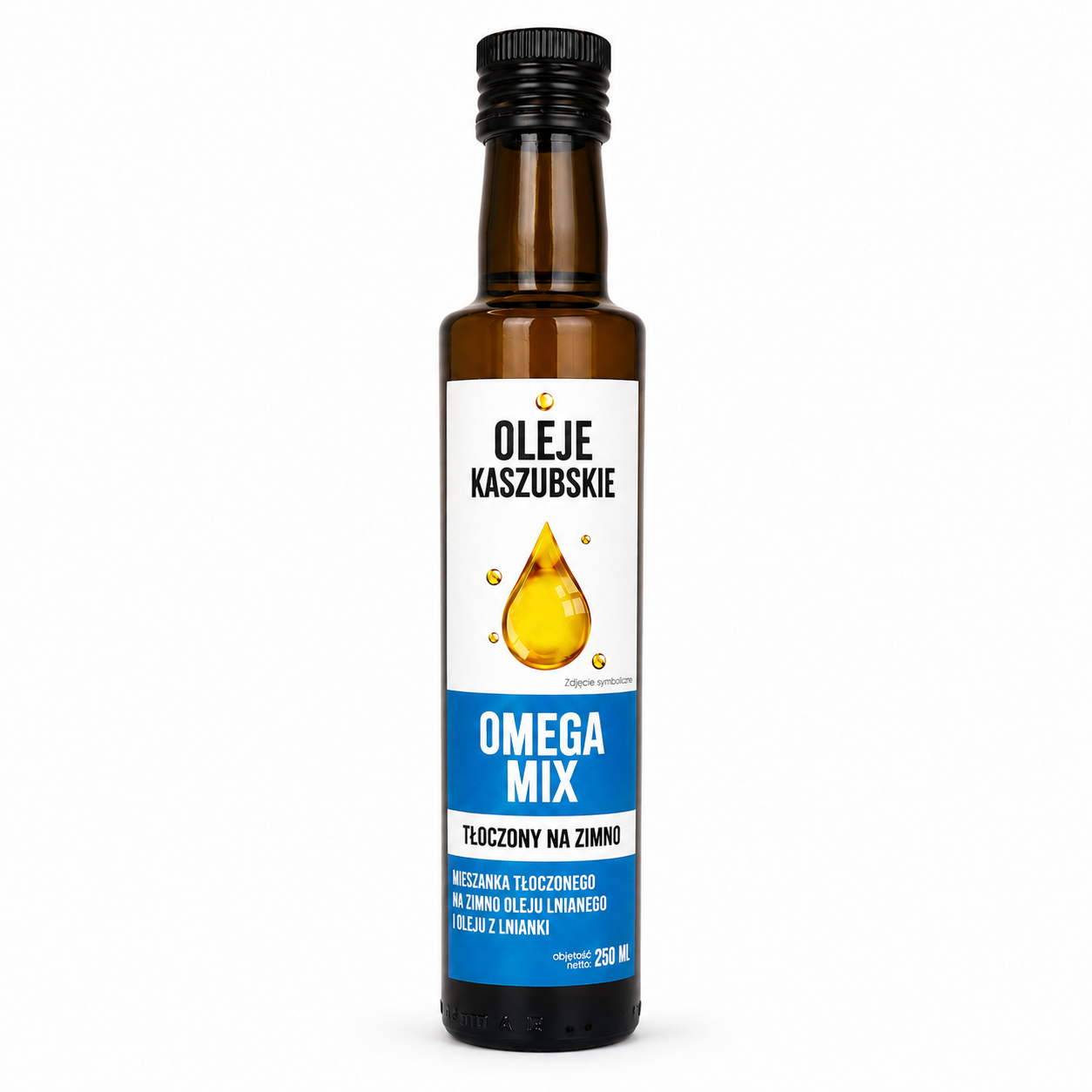 Omega Mix Oleje Kaszubskie to tłoczona na zimno mieszanka oleju lnianego i oleju z lnianki. Naturalny olej o delikatnym smaku, idealny do sałatek, surówek i dań na zimno