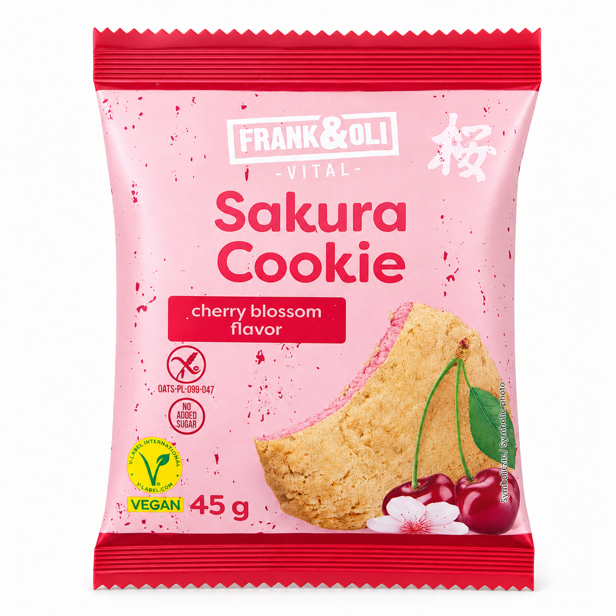 Wegańskie ciastko Frank&amp;Oli Vital Sakura Cookie o smaku kwiatu wiśni. Bez dodatku cukru, bezglutenowe, w poręcznym opakowaniu 45 g.