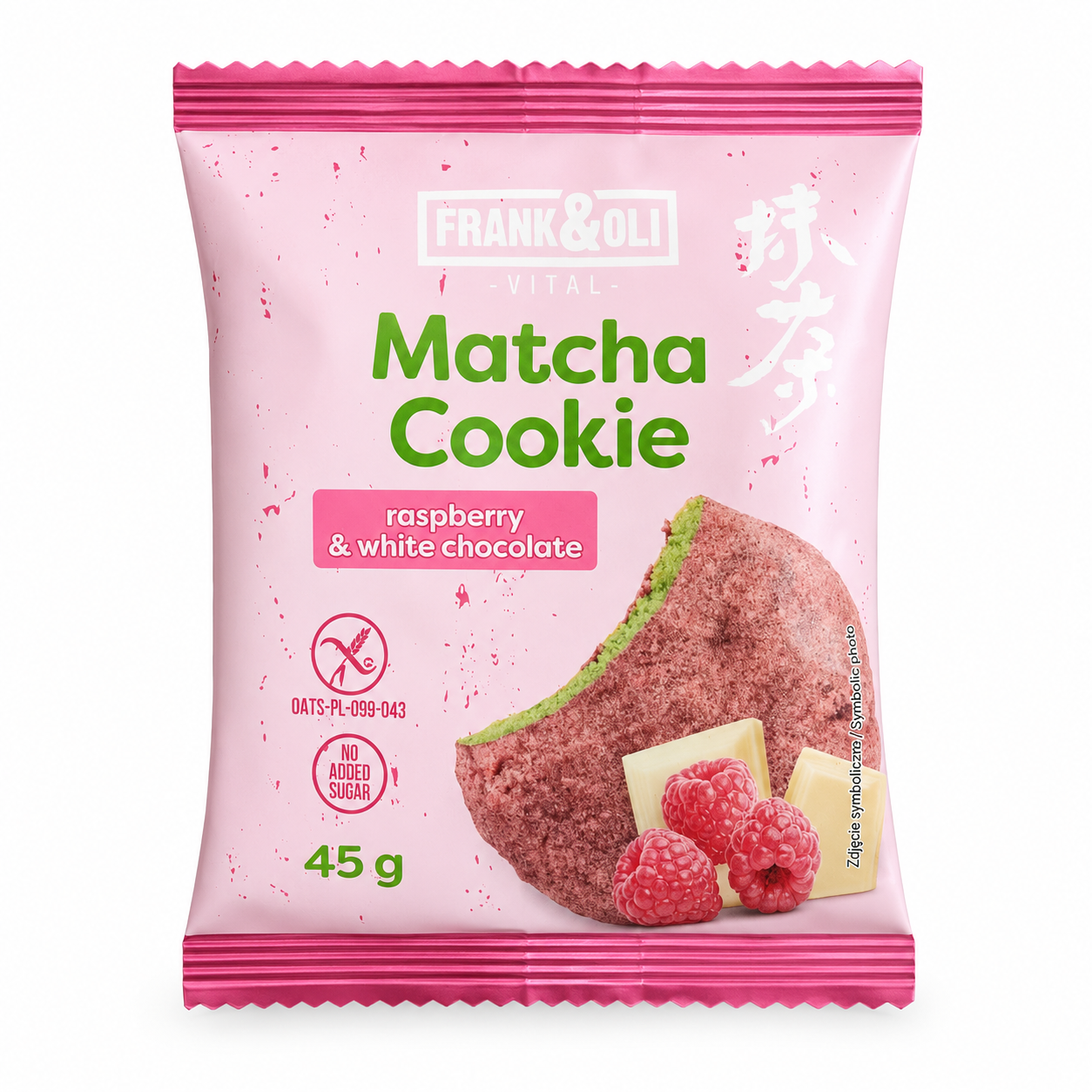 Frank&amp;Oli Vital Matcha Cookie 45 g – ciastko z matchą, maliną i białą czekoladą, bez dodatku cukru i z oznaczeniem bezglutenowym.