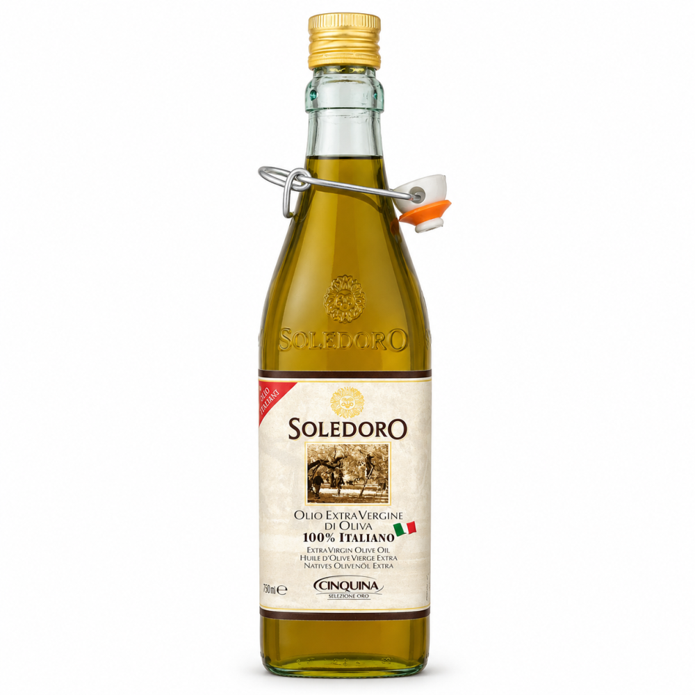 Soledoro Extra Virgin 750 ml to wysokiej jakości oliwa z oliwek wyprodukowana w 100% z włoskich oliwek. Idealna do sałatek, pieczywa, makaronów i sosów.
