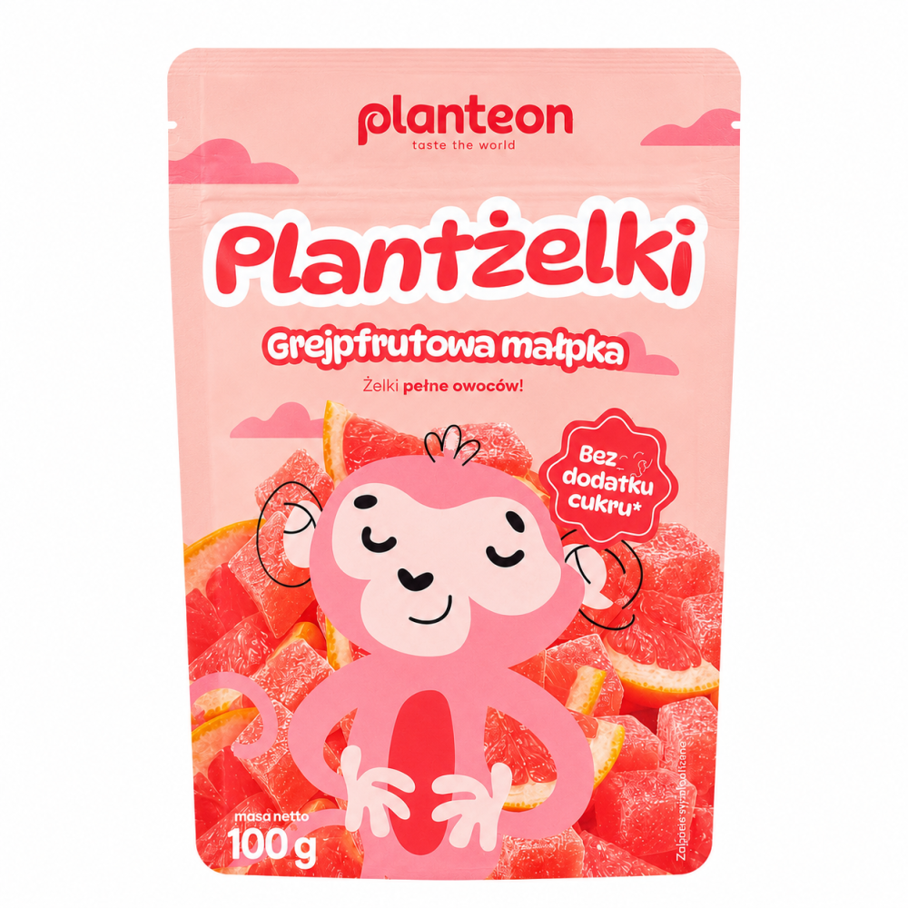 Planton Plantżelki Grejpfrutowa Małpka 100 g to owocowe żelki o intensywnym smaku grejpfruta, bez dodatku cukru. Idealne jako lekka przekąska dla dzieci i dorosłych.