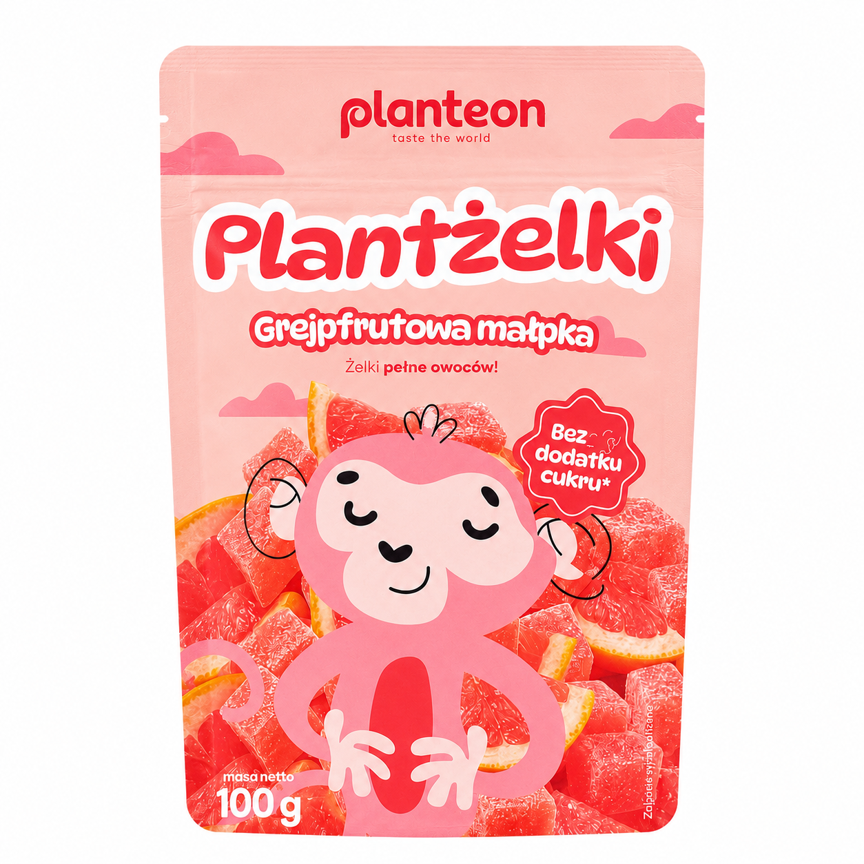 Planton Plantżelki Grejpfrutowa Małpka 100 g to owocowe żelki o intensywnym smaku grejpfruta, bez dodatku cukru. Idealne jako lekka przekąska dla dzieci i dorosłych.