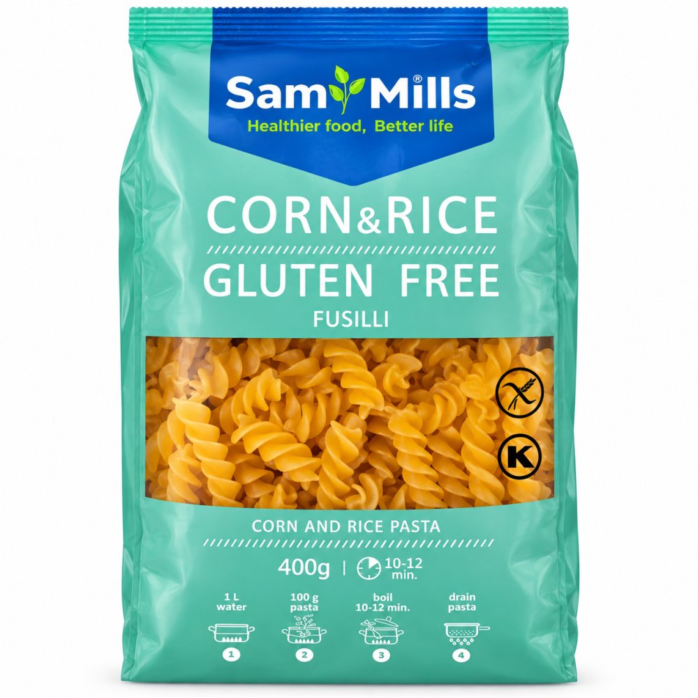 Sam Mills Corn &amp; Rice Fusilli 400 g – bezglutenowy makaron kukurydziano-ryżowy w kształcie świderków. Idealny do sosów, sałatek i zapiekanek.