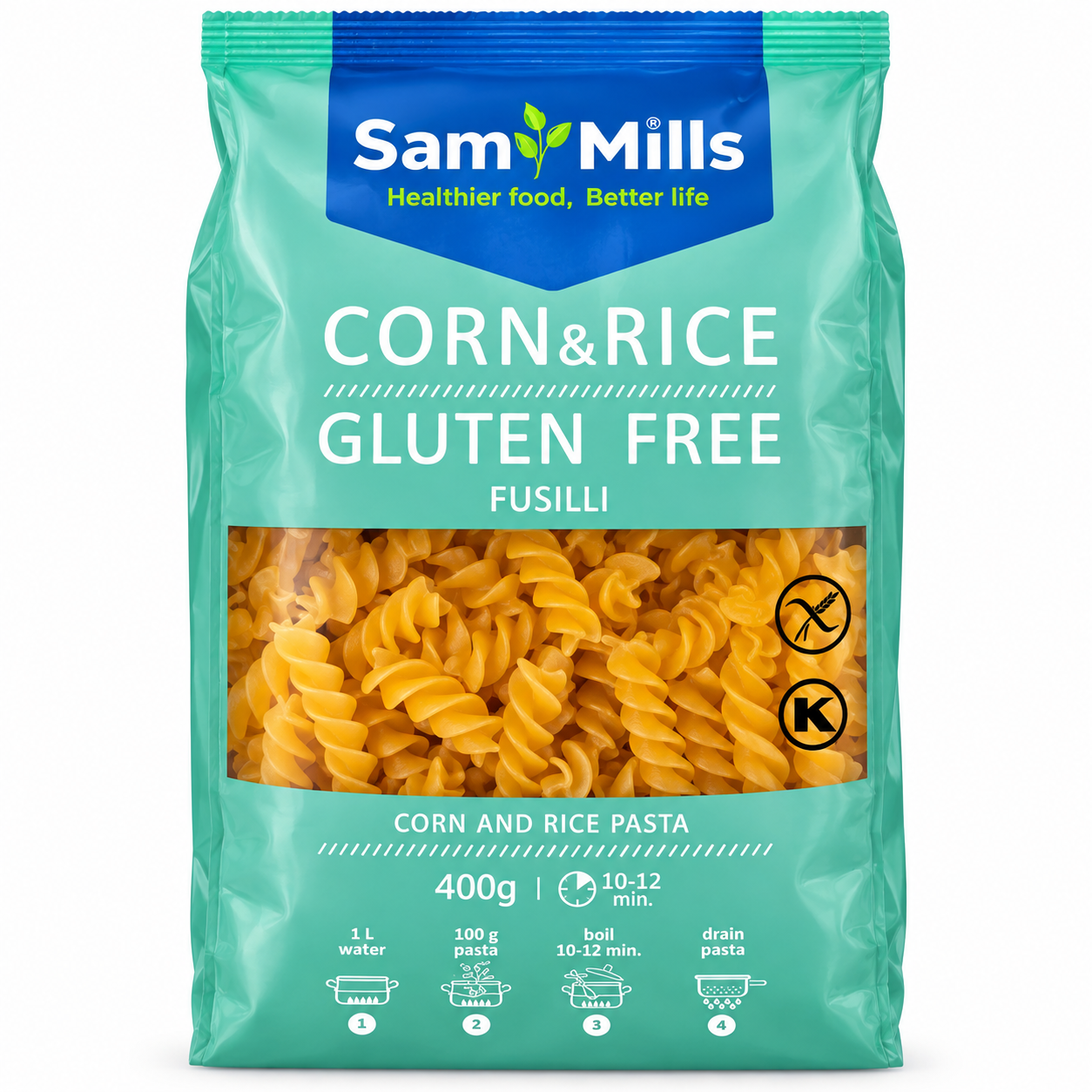 Sam Mills Corn &amp; Rice Fusilli 400 g – bezglutenowy makaron kukurydziano-ryżowy w kształcie świderków. Idealny do sosów, sałatek i zapiekanek.