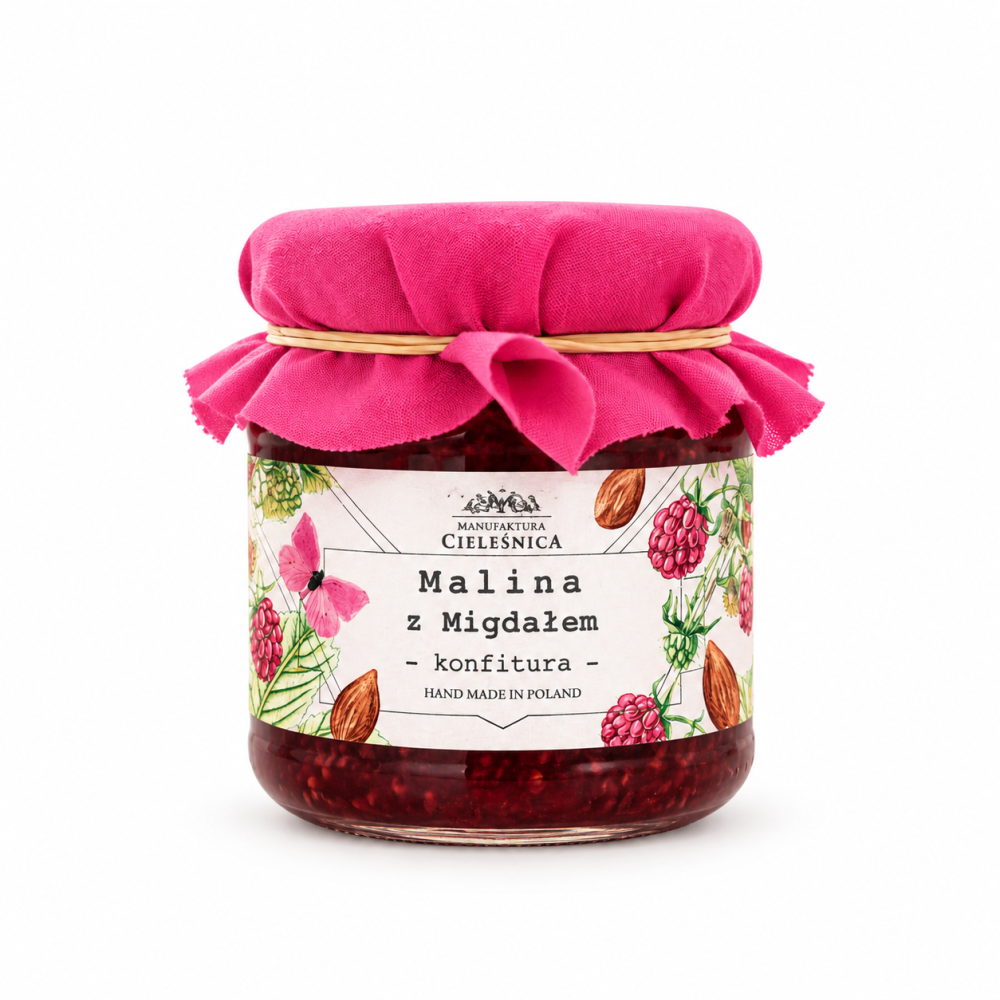 Konfitura Malina z Migdałem Manufaktura Cieleśnica – aromatyczne połączenie malin i migdałów. Idealna do pieczywa, naleśników, deserów i wypieków.