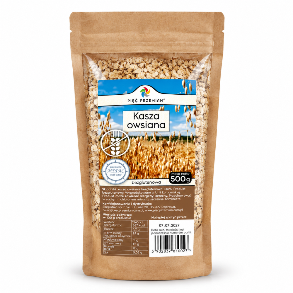 Kasza owsiana bezglutenowa Pięć Przemian 500 g – 100% kaszy owsianej. Uniwersalna baza do śniadań, sałatek, dań obiadowych i potraw na słodko.