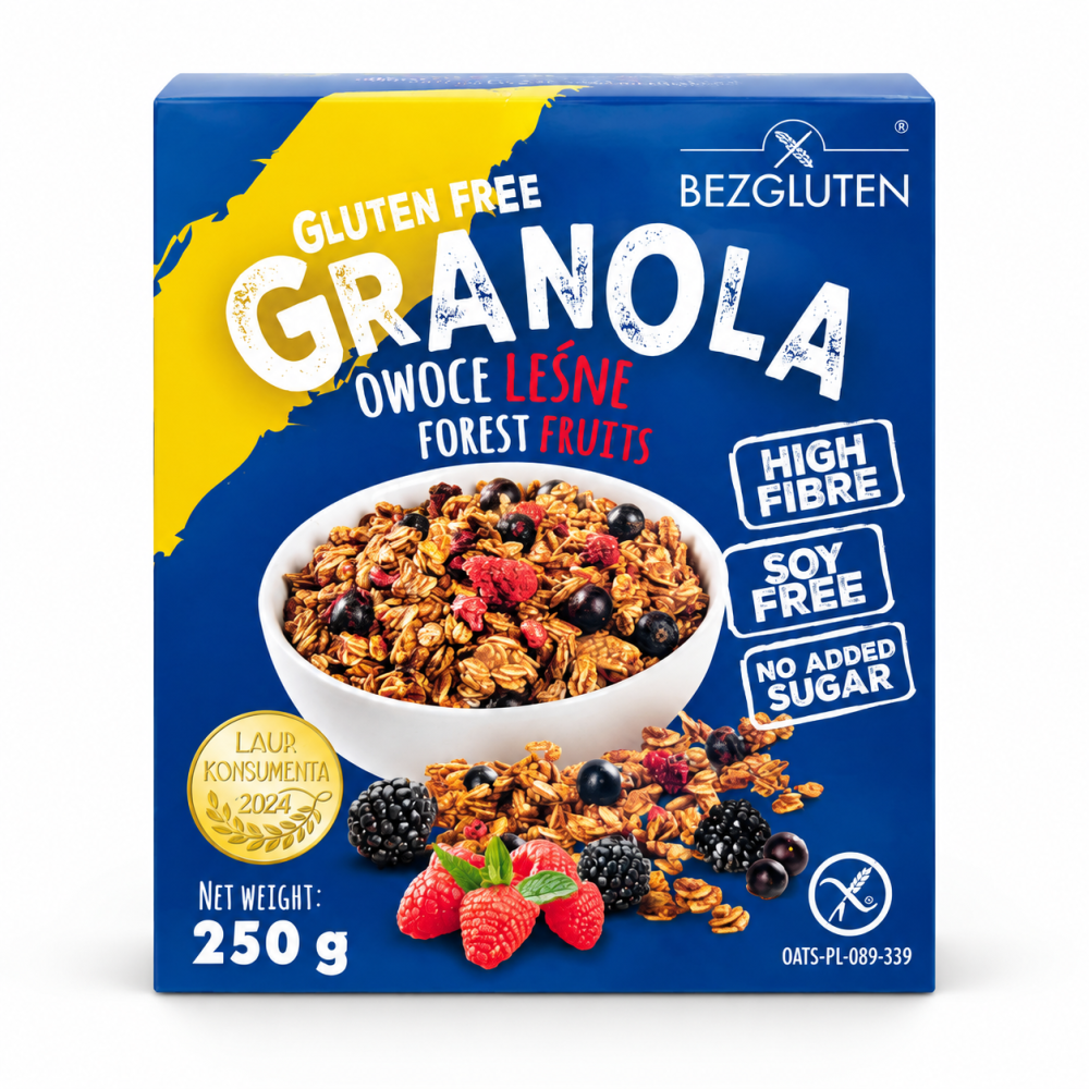 Bezglutenowa Granola Owoce Leśne 250 g – chrupiąca granola o owocowym smaku, bez dodatku cukru i soi, o wysokiej zawartości błonnika. Idealna na śniadanie.