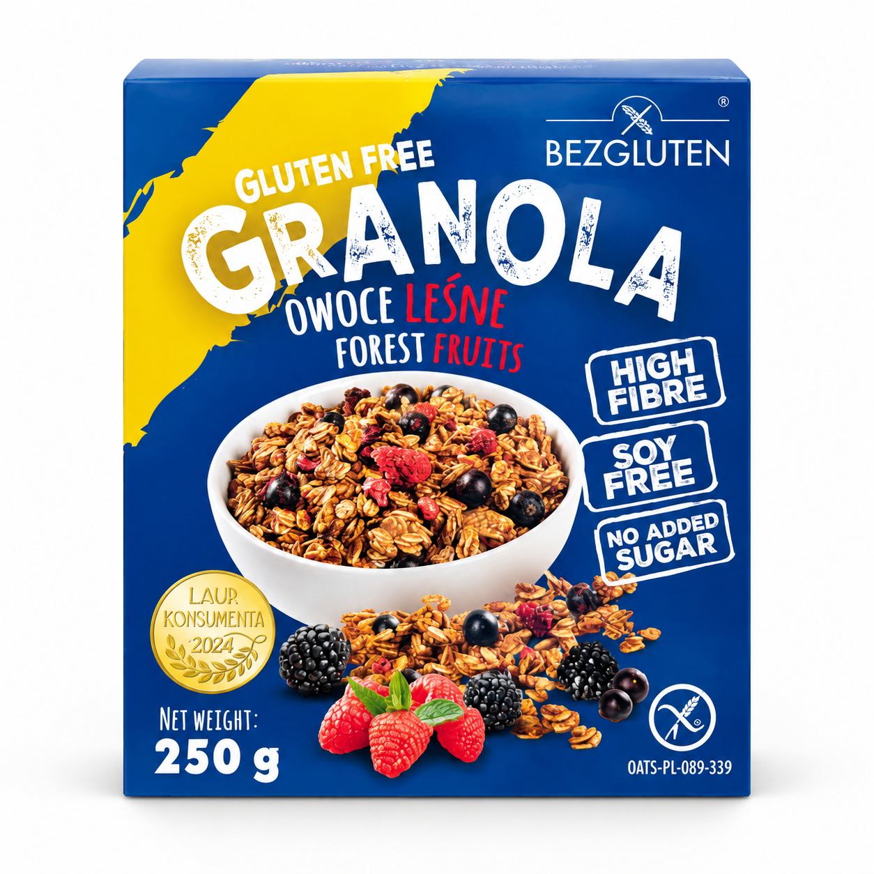 Bezglutenowa Granola Owoce Leśne 250 g – chrupiąca granola o owocowym smaku, bez dodatku cukru i soi, o wysokiej zawartości błonnika. Idealna na śniadanie.
