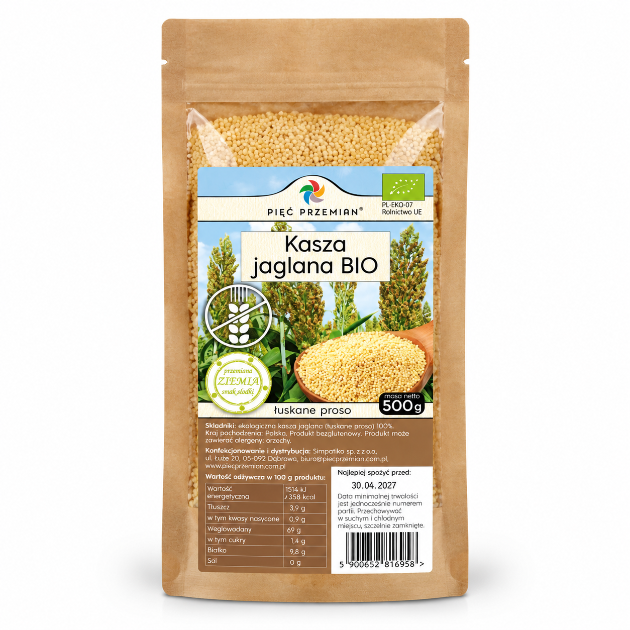 Ekologiczna kasza jaglana BIO bezglutenowa Pięć Przemian 500 g – 100% łuskanego prosa. Uniwersalna do dań obiadowych, sałatek, śniadań i deserów.