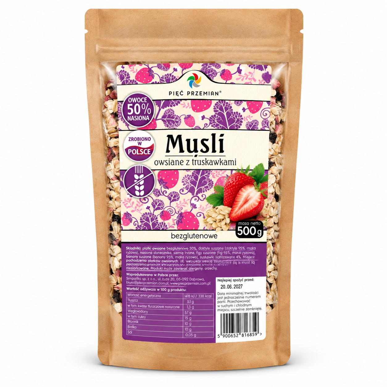Bezglutenowe musli owsiane Pięć Przemian 500 g z truskawkami. Truskawkowo- daktylowa mieszanka idealna na szybkie śniadanie lub przekąskę.