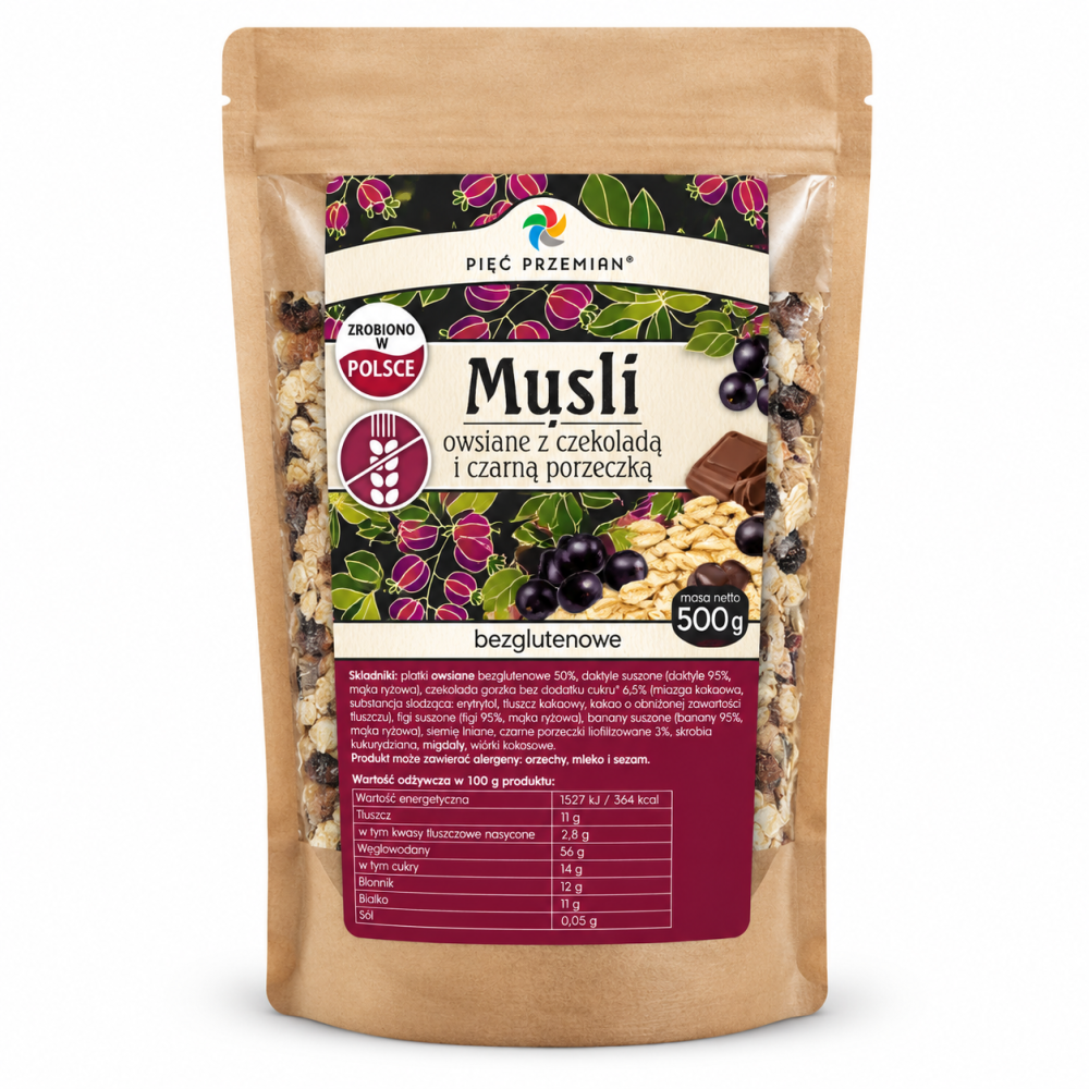 Bezglutenowe musli owsiane Pięć Przemian 500 g z czekoladą i czarną porzeczką. Owocowo-czekoladowa mieszanka idealna na szybkie śniadanie lub przekąskę.
