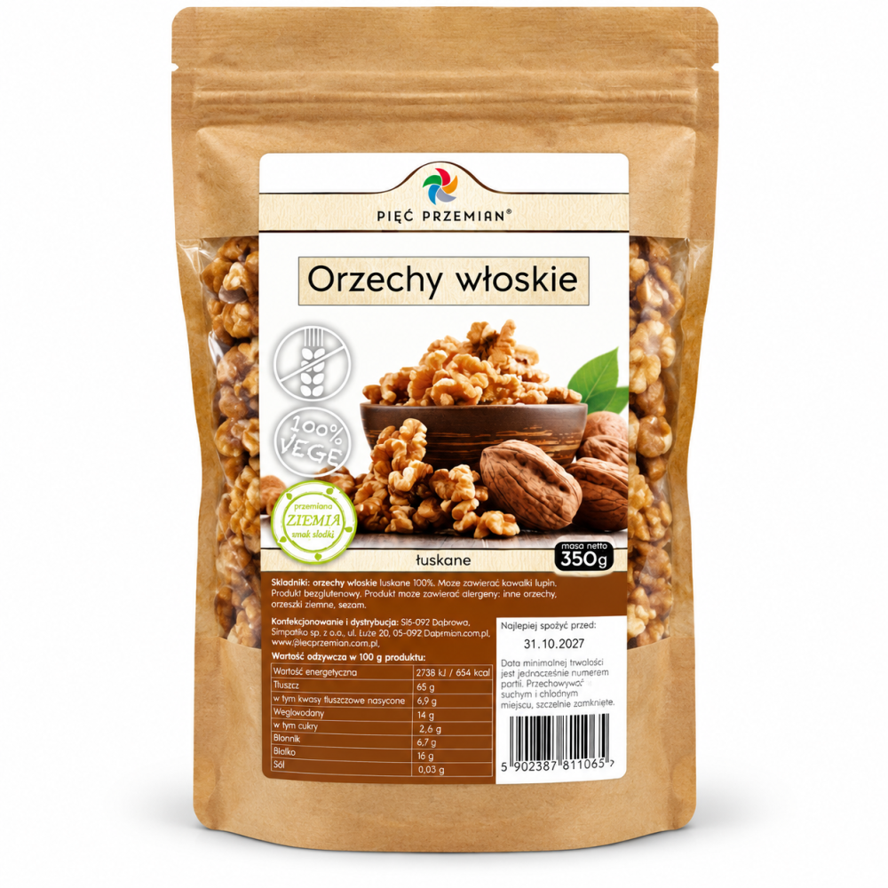 Orzechy włoskie łuskane Pięć Przemian 350 g – 100% orzechów włoskich, produkt bezglutenowy i odpowiedni dla wegan. Idealne do przekąsek, wypieków, musli i sałatek.
