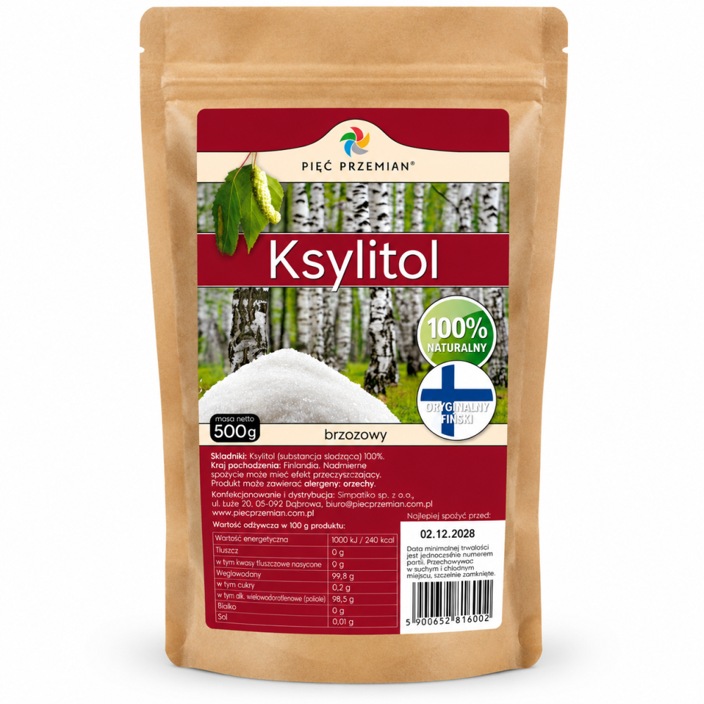 Ksylitol brzozowy Pięć Przemian 500 g. Naturalna substancja słodząca pochodząca z Finlandii. Doskonały zamiennik cukru do napojów, deserów i wypieków.