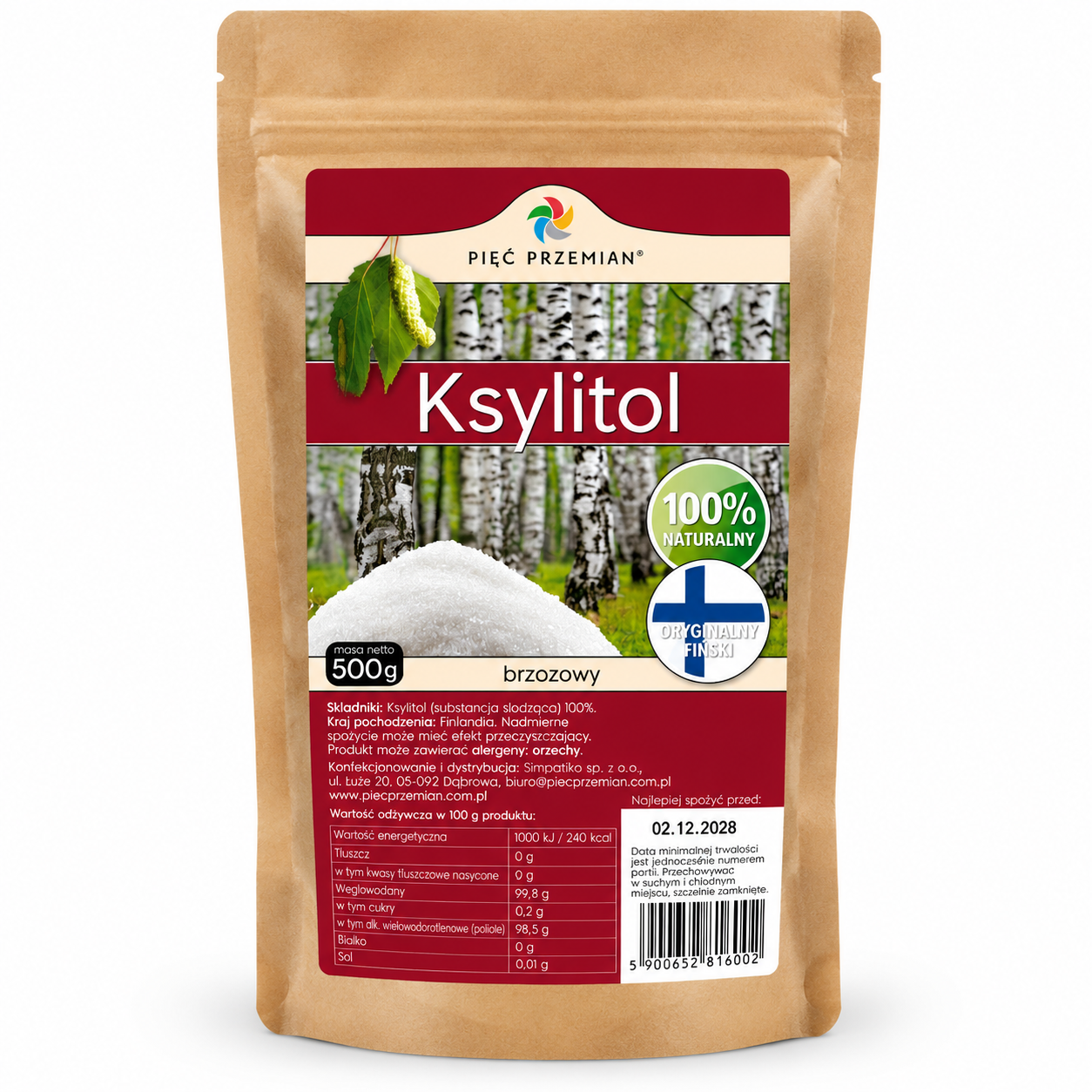 Ksylitol brzozowy Pięć Przemian 500 g. Naturalna substancja słodząca pochodząca z Finlandii. Doskonały zamiennik cukru do napojów, deserów i wypieków.