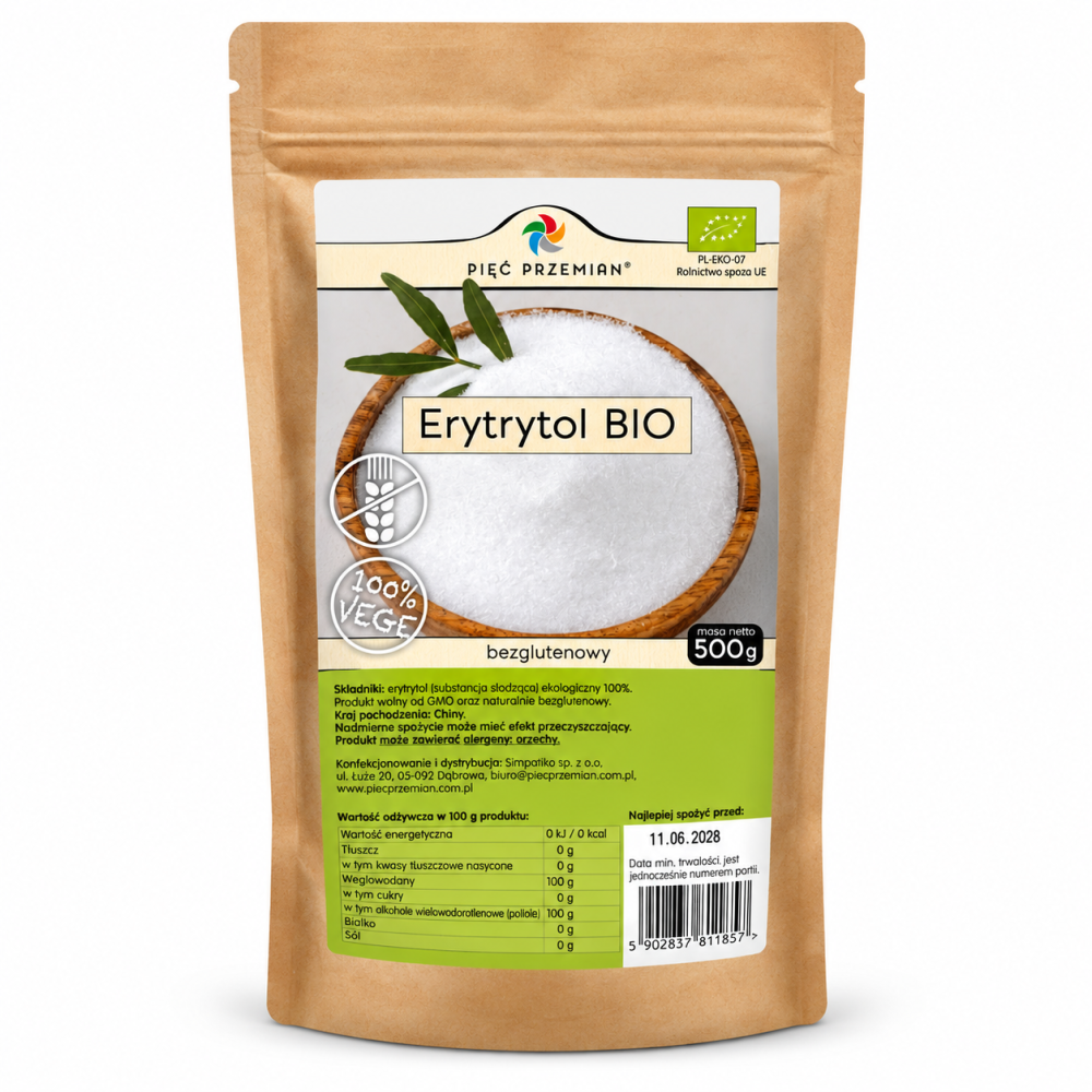 Erytrytol BIO Pięć Przemian 500 g – ekologiczna substancja słodząca, bezglutenowa i bez GMO. Doskonała alternatywa dla cukru do napojów i wypieków.
