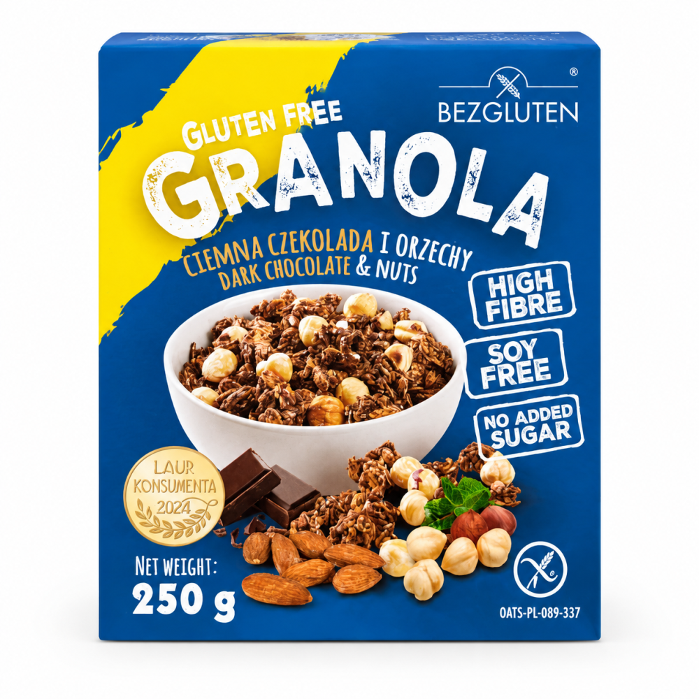 Granola bezglutenowa z ciemną czekoladą i orzechami 250 g. Bez dodatku cukru i soi, bogata w błonnik. Chrupiąca propozycja na śniadanie.