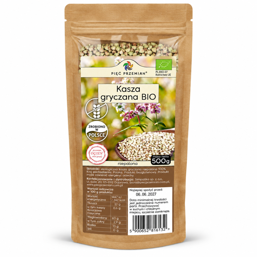 Kasza gryczana niepalona BIO Pięć Przemian 500 g. Ekologiczna, bezglutenowa i wyprodukowana w Polsce. Idealna do dań, sałatek, zup i farszów.