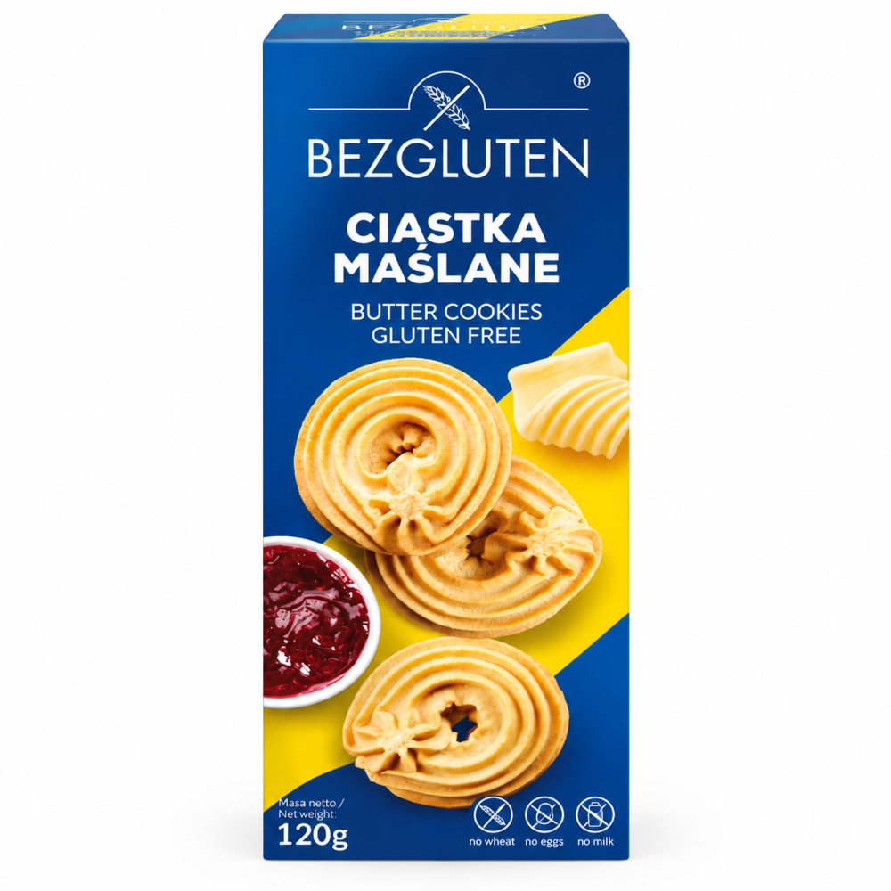 Ciastka maślane bezglutenowe BEZGLUTEN 120 g – kruche, delikatne ciasteczka o maślanym smaku. Idealne do kawy, herbaty i na słodką przekąskę.