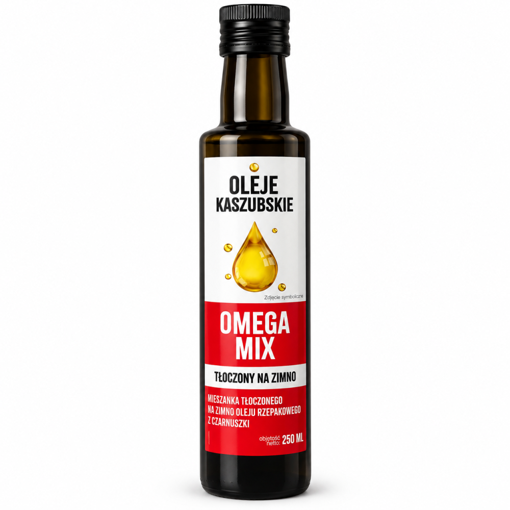 Olej Kaszubski Omega Mix 250 ml – tłoczony na zimno olej rzepakowy z dodatkiem oleju z czarnuszki. Naturalny smak i idealny dodatek do sałatek oraz potraw.