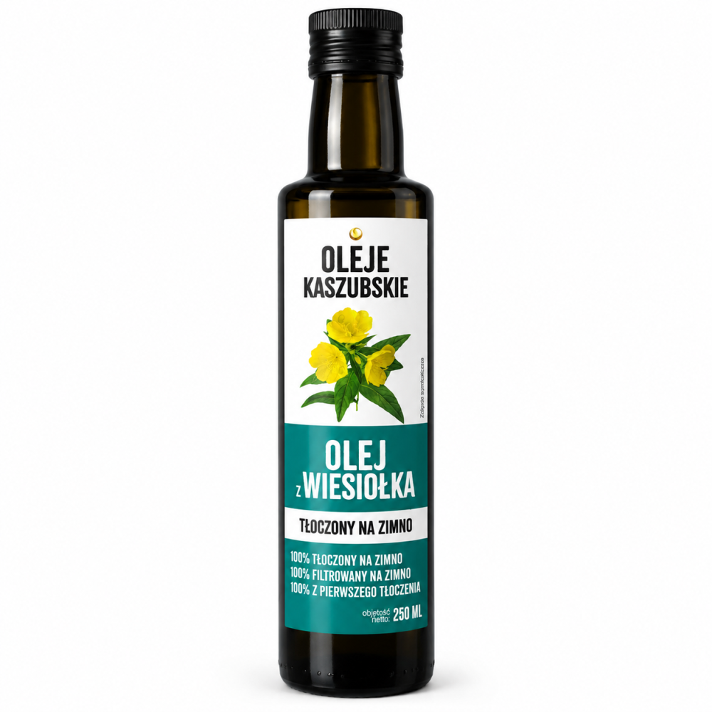 Olej z wiesiołka Oleje Kaszubskie 250 ml – naturalny olej tłoczony na zimno, filtrowany i z pierwszego tłoczenia. Idealny do sałatek i dań na zimno.