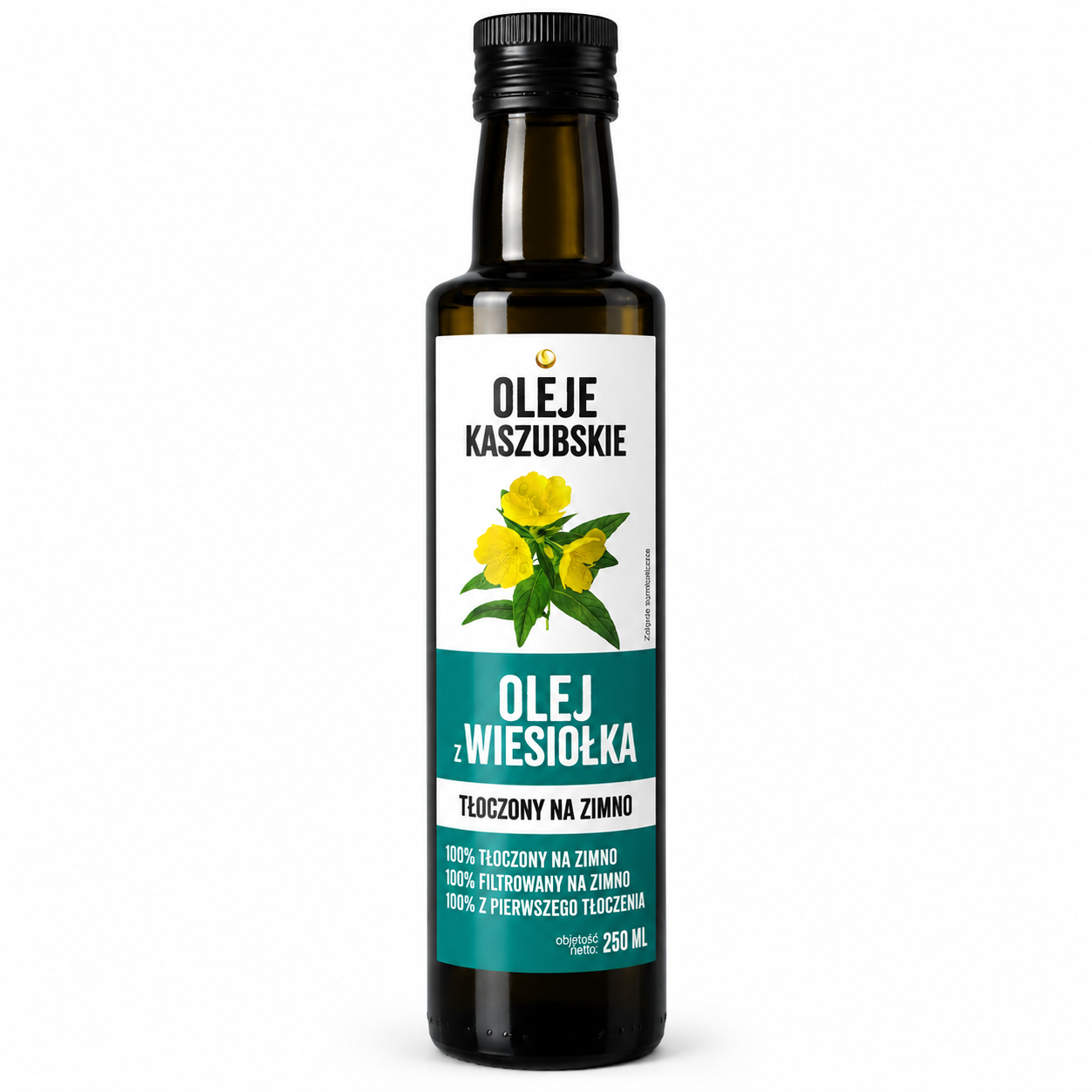 Olej z wiesiołka Oleje Kaszubskie 250 ml – naturalny olej tłoczony na zimno, filtrowany i z pierwszego tłoczenia. Idealny do sałatek i dań na zimno.
