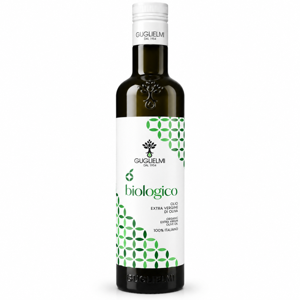 Oliwa z oliwek Extra Virgin Guglielmi Biologico 100% włoska. Ekologiczna oliwa najwyższej jakości o delikatnym smaku i aromacie do sałatek, makaronów i dań kuchni włoskiej.