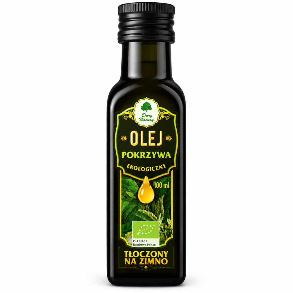 Olej pokrzywowy ekologiczny BIO Dary Natury 100 ml tłoczony na zimno. Naturalny olej roślinny do pielęgnacji skóry i włosów. Sprawdź ofertę.