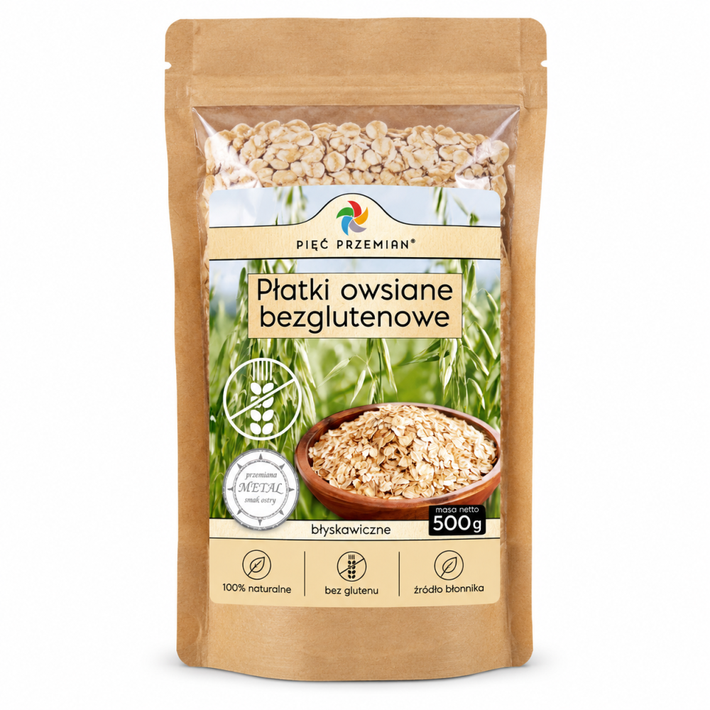 Płatki owsiane bezglutenowe błyskawiczne Pięć Przemian 500 g – naturalny produkt bogaty w błonnik. Idealne do owsianki, musli i zdrowych wypieków. Bez glutenu.