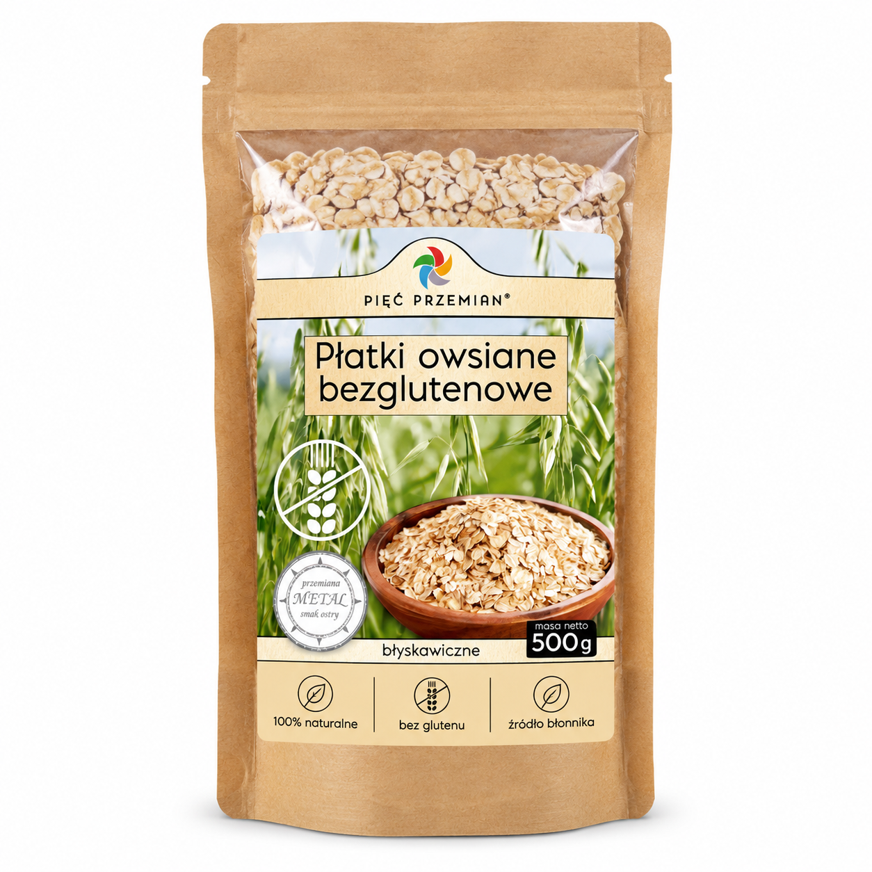 Płatki owsiane bezglutenowe błyskawiczne Pięć Przemian 500 g – naturalny produkt bogaty w błonnik. Idealne do owsianki, musli i zdrowych wypieków. Bez glutenu.