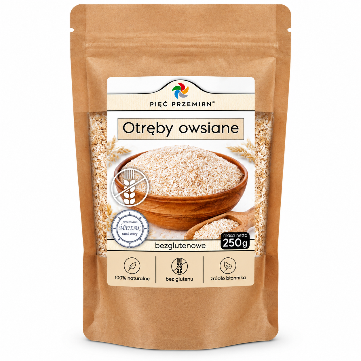 Otręby owsiane bezglutenowe Pięć Przemian 250 g – naturalne źródło błonnika. Idealne do owsianki, jogurtów, koktajli i zdrowych wypieków. Bez glutenu.