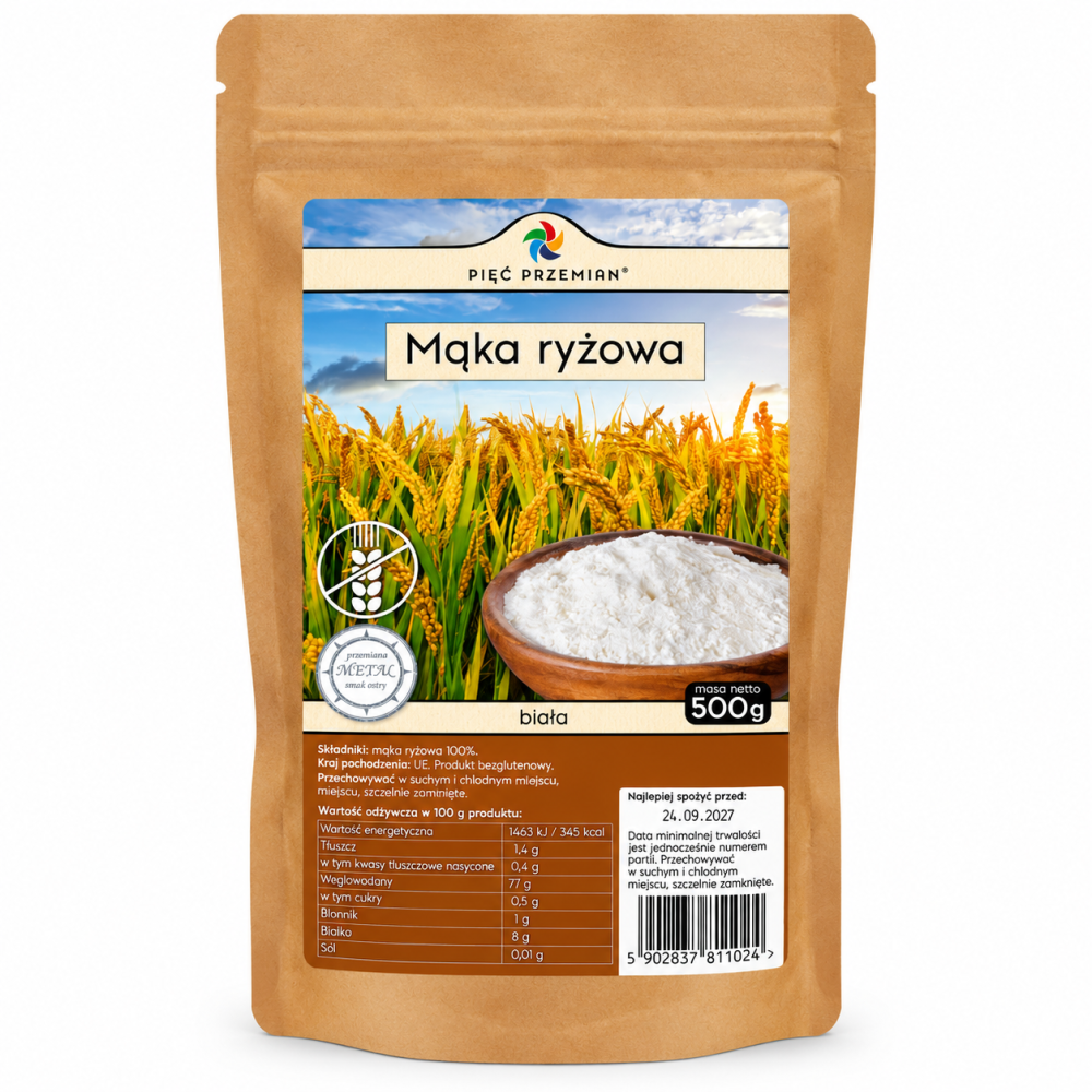 Mąka ryżowa biała Pięć Przemian 500 g – naturalna mąka bezglutenowa do wypieków, naleśników, ciast i dań kuchni domowej. Delikatna i uniwersalna.