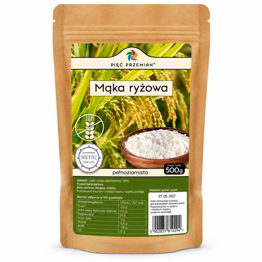 Mąka ryżowa pełnoziarnista Pięć Przemian 500 g – naturalna mąka bezglutenowa z pełnego przemiału ryżu. Idealna do wypieków, naleśników i codziennego gotowania.