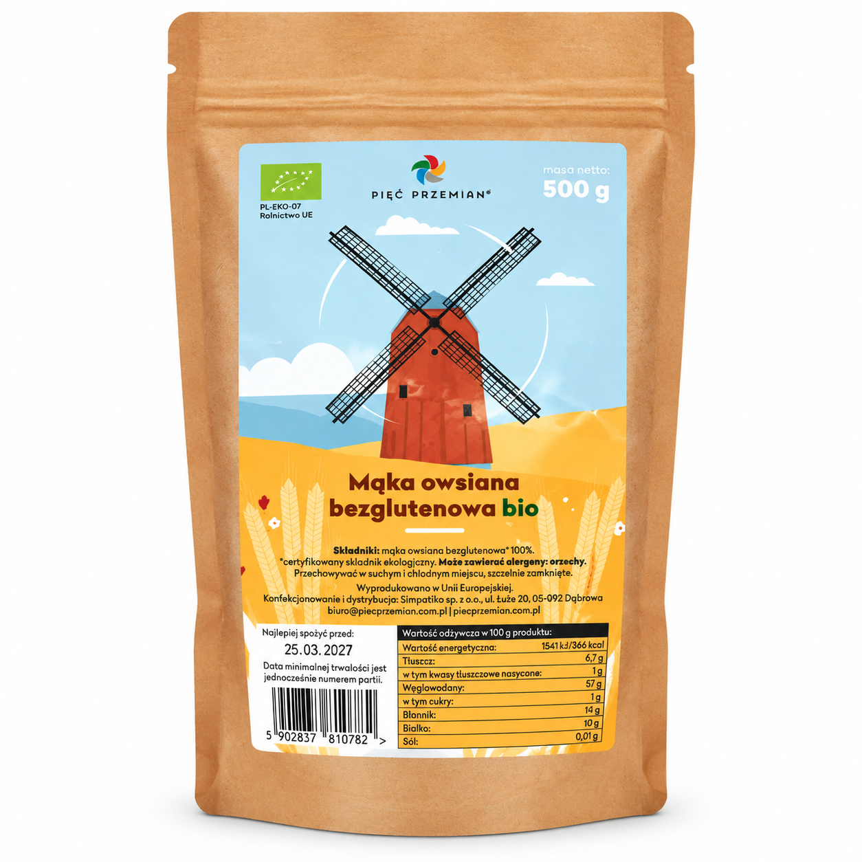 Mąka owsiana bezglutenowa BIO 500 g Pięć Przemian – naturalna mąka z ekologicznego owsa. Idealna do wypieków, naleśników, chleba i zdrowej kuchni bez glutenu.