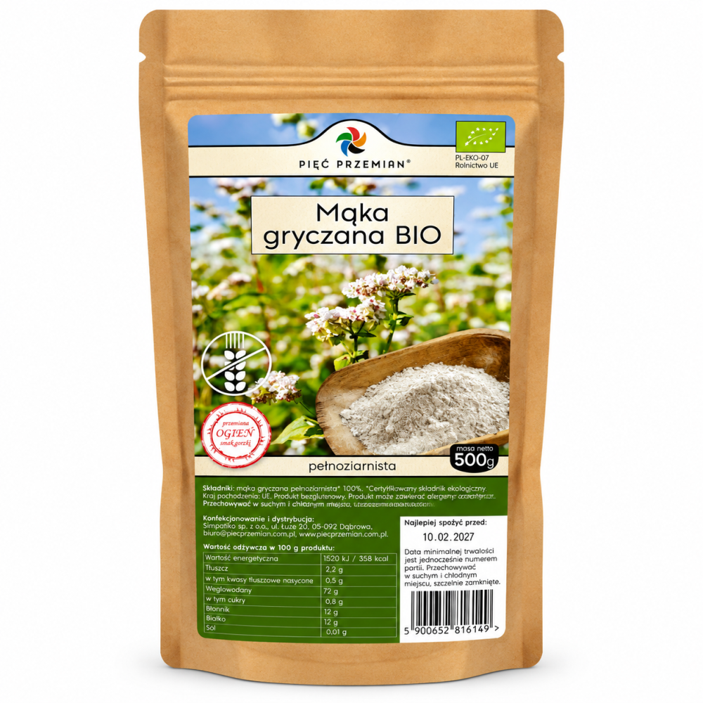 Mąka gryczana BIO pełnoziarnista Pięć Przemian 500 g – naturalna, bezglutenowa mąka z ekologicznej gryki. Idealna do wypieków, naleśników i zdrowej kuchni.
