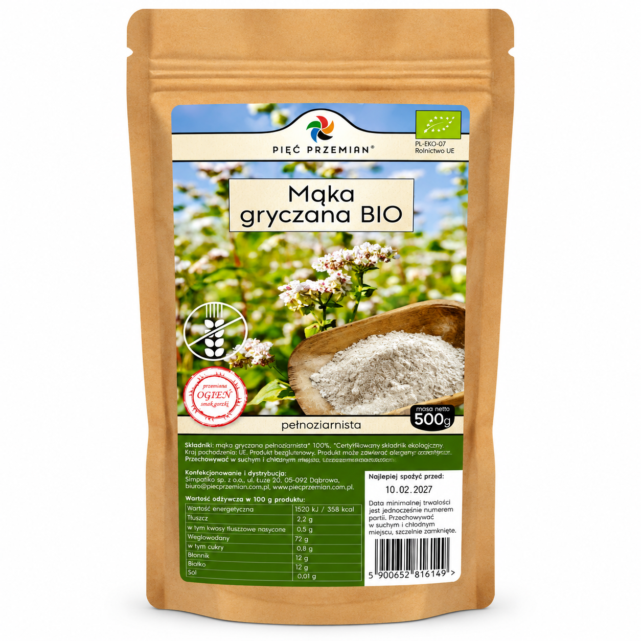 Mąka gryczana BIO pełnoziarnista Pięć Przemian 500 g – naturalna, bezglutenowa mąka z ekologicznej gryki. Idealna do wypieków, naleśników i zdrowej kuchni.