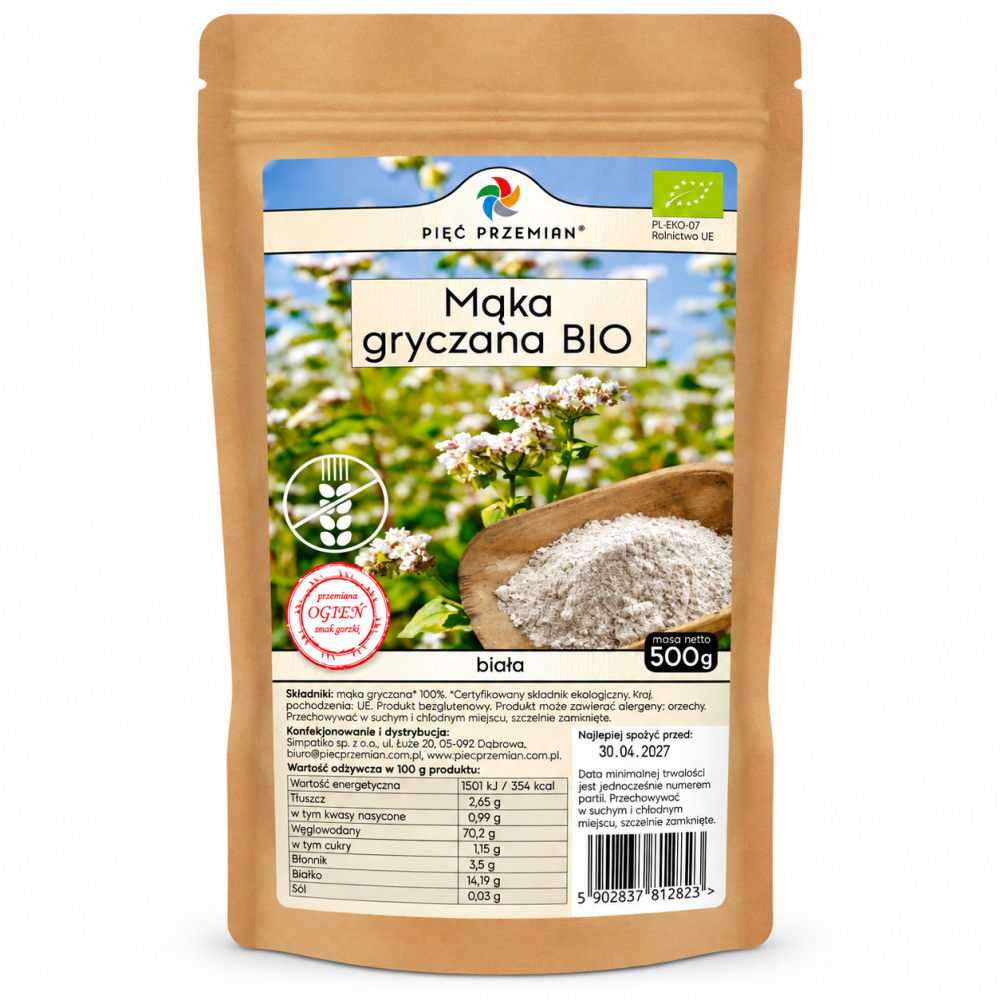 Mąka gryczana BIO biała Pięć Przemian 500 g – naturalna, bezglutenowa mąka z ekologicznej gryki. Delikatny smak, idealna do wypieków, naleśników i zdrowej kuchni.