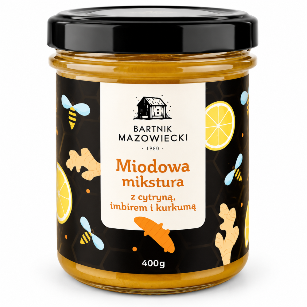 Miodowa mikstura z cytryną, imbirem i kurkumą Bartnik Mazowiecki 400 g. Naturalne połączenie miodu i aromatycznych dodatków. Idealna do herbaty, deserów i codziennego stosowania.