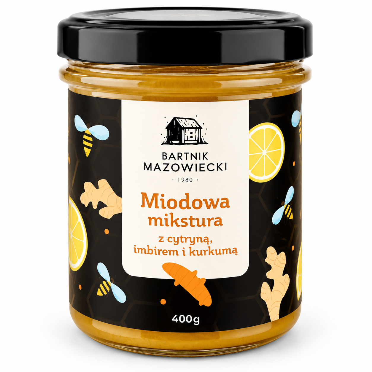Miodowa mikstura z cytryną, imbirem i kurkumą Bartnik Mazowiecki 400 g. Naturalne połączenie miodu i aromatycznych dodatków. Idealna do herbaty, deserów i codziennego stosowania.