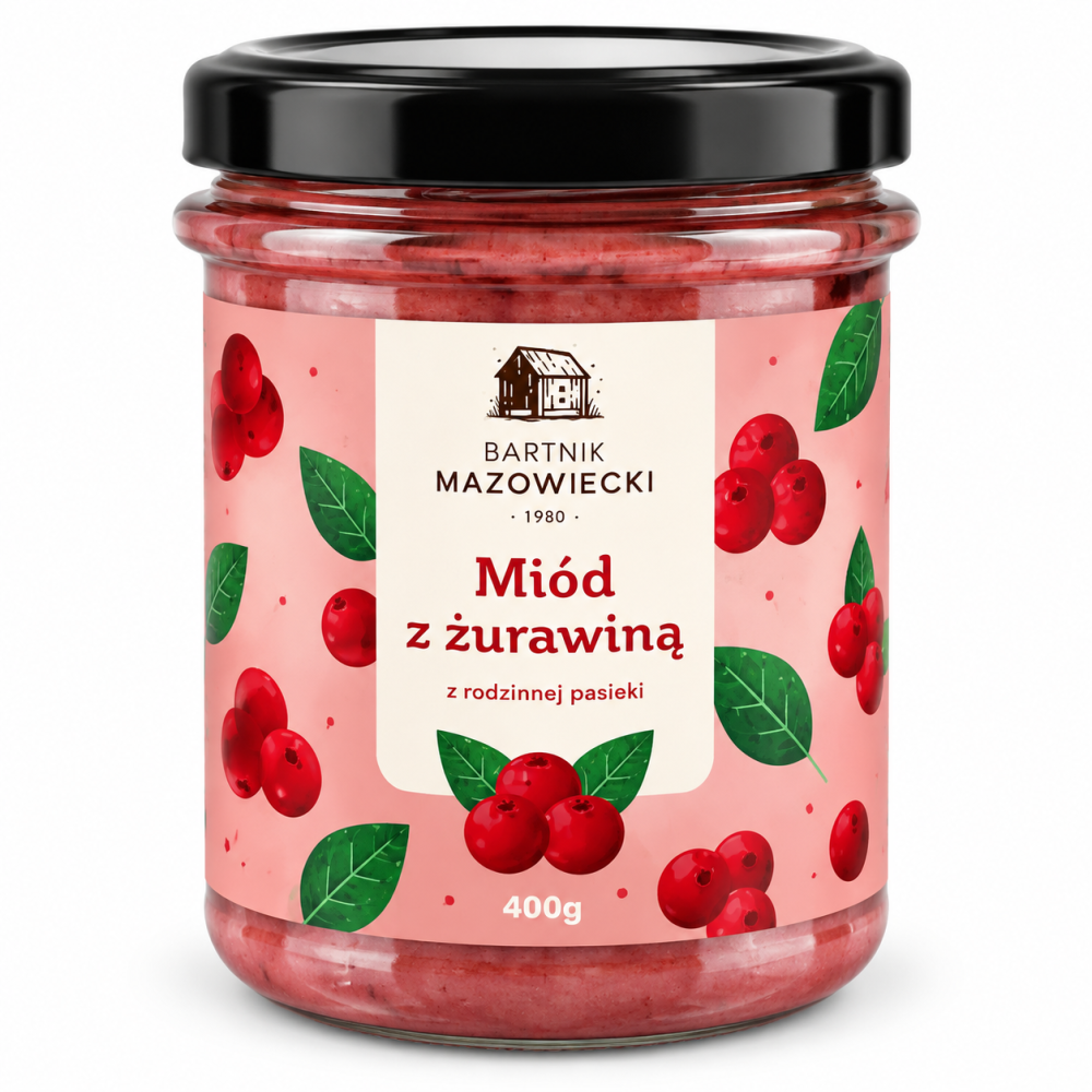 Miód z żurawiną Bartnik Mazowiecki 400 g – naturalny miód z owocową nutą żurawiny z rodzinnej pasieki. Wyjątkowy smak do herbaty, pieczywa i deserów.
