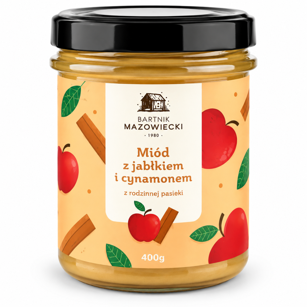 Miód z jabłkiem i cynamonem Bartnik Mazowiecki 400 g – naturalny miód z dodatkiem jabłka i cynamonu z rodzinnej pasieki. Wyjątkowy smak do herbaty, pieczywa i deserów.