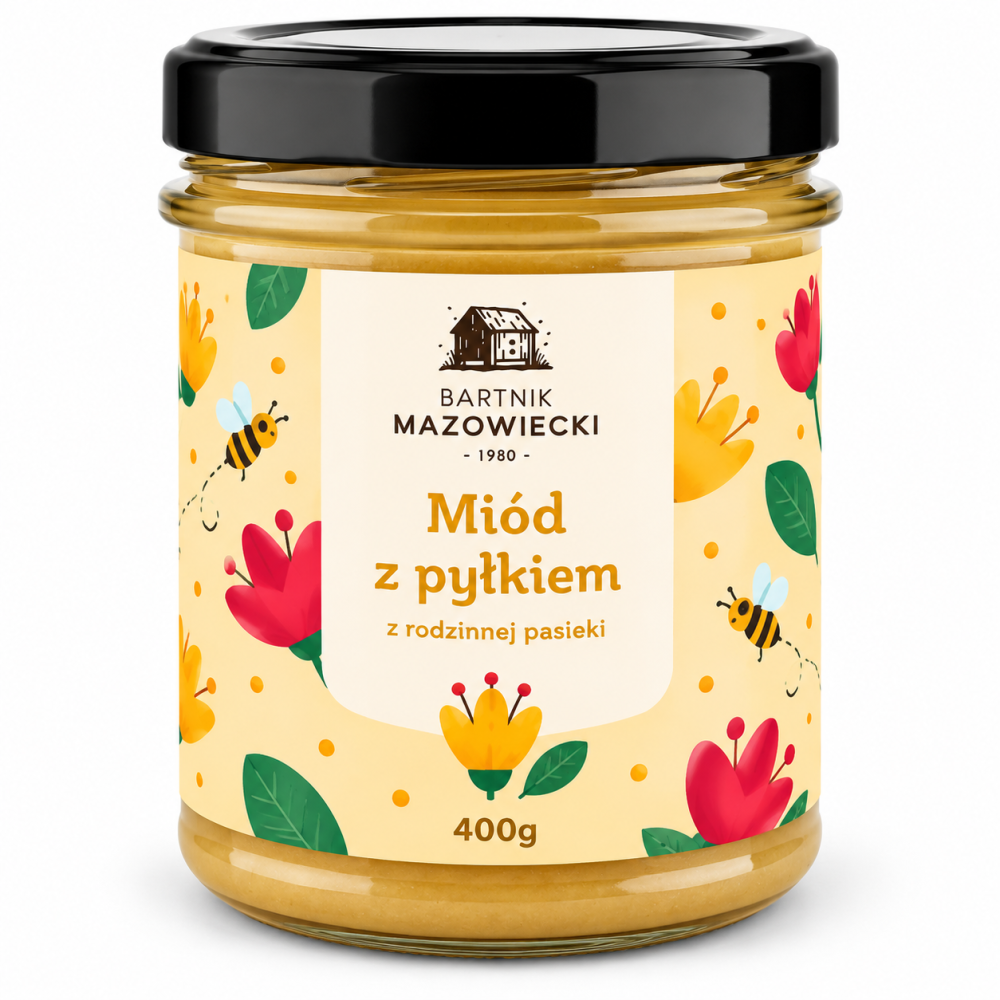 Miód z pyłkiem Bartnik Mazowiecki 400 g – naturalny miód z dodatkiem pyłku pszczelego z rodzinnej pasieki. Wyjątkowy smak i aromat, idealny do herbaty, śniadań i deserów.