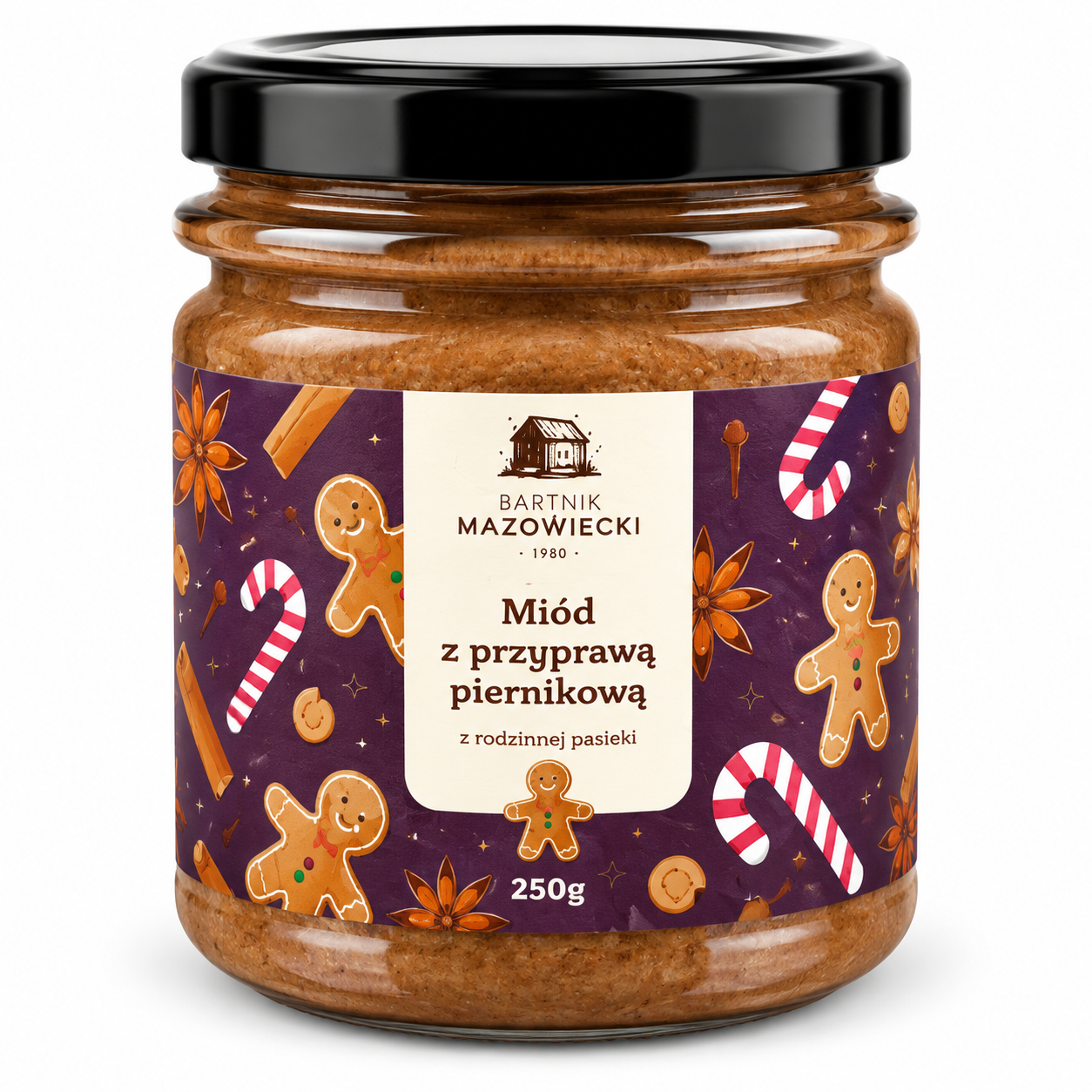 Miód z przyprawą piernikową Bartnik Mazowiecki 250 g – naturalny miód o wyjątkowym korzennym smaku. Idealny do herbaty, deserów, wypieków i zimowych napojów. Produkt z rodzinnej pasieki.