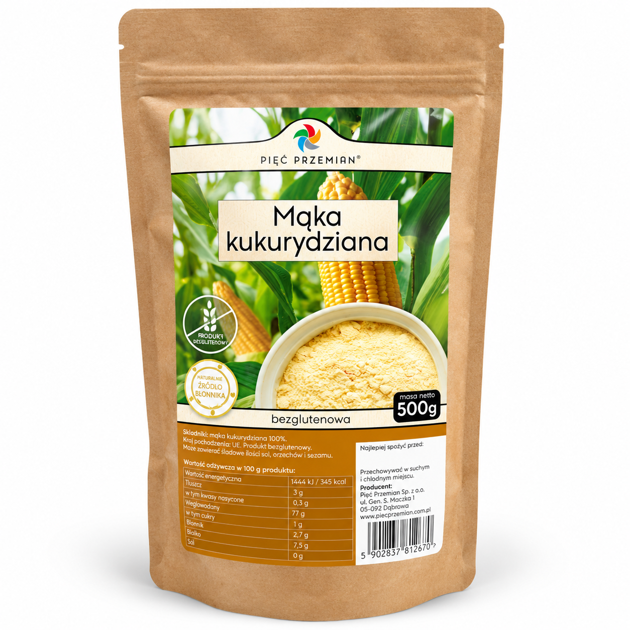 Mąka kukurydziana bezglutenowa Pięć Przemian 500 g – 100% kukurydzy, naturalne źródło błonnika. Idealna do wypieków, placków, sosów i panierki.