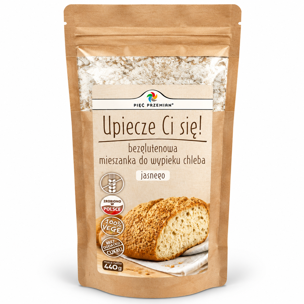 Bezglutenowa mieszanka do wypieku chleba jasnego Pięć Przemian 440 g. 100% VEGE, bez dodatku cukru. Prosty sposób na domowy chleb bez glutenu.