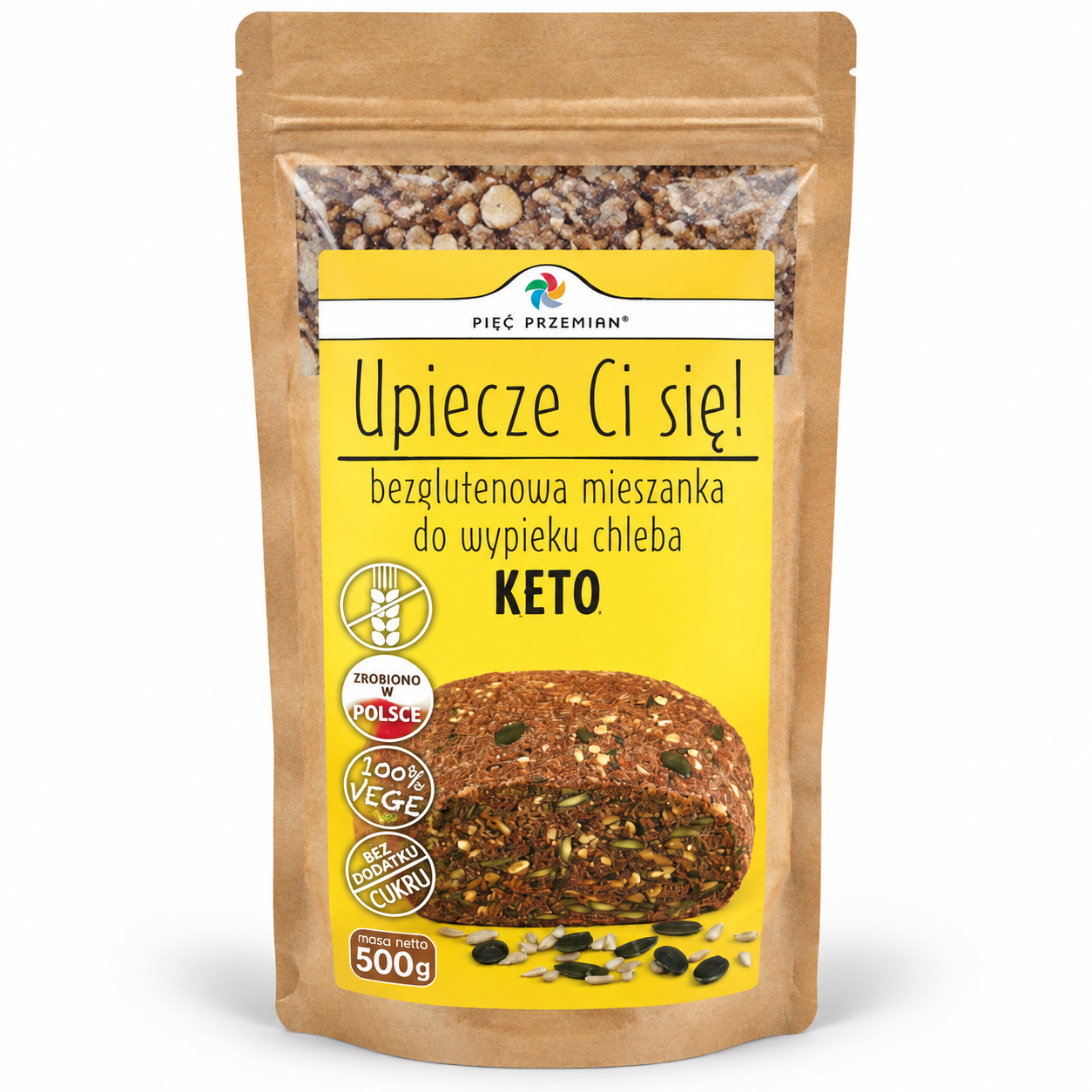 Bezglutenowa mieszanka do wypieku chleba KETO Pięć Przemian 500 g. Wegańska, bez dodatku cukru, z nasionami i pestkami. Upiecz domowy chleb keto.