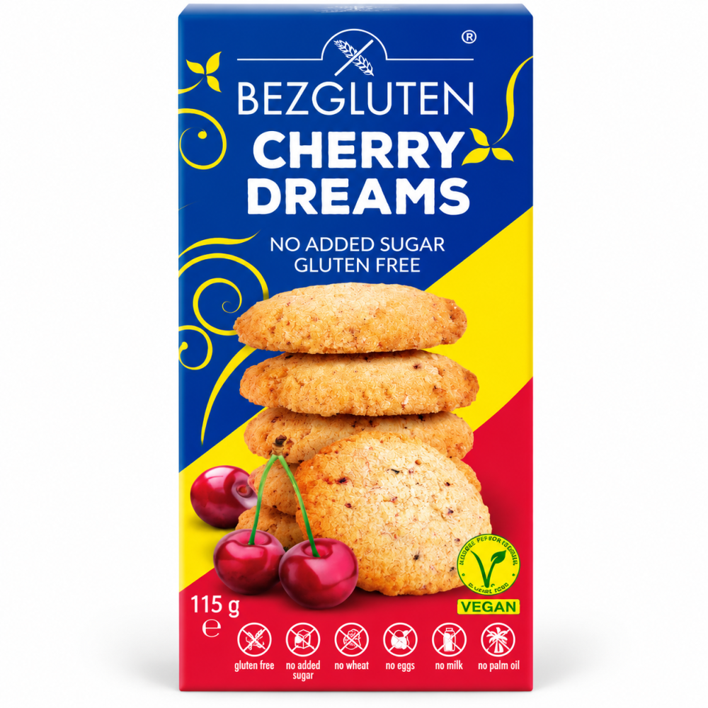 Cherry Dreams 115 g – kruche bezglutenowe ciastka wiśniowe bez dodatku cukru. Wegańska przekąska bez mleka, jaj i oleju palmowego.