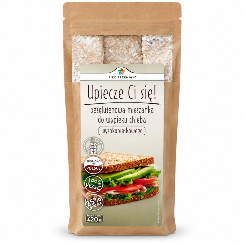 Bezglutenowa mieszanka do wypieku chleba wysokobiałkowego Pięć Przemian 420 g. 25% białka, 100% VEGE. Prosty sposób na domowy chleb.