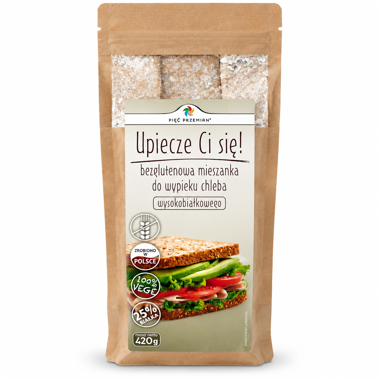 Bezglutenowa mieszanka do wypieku chleba wysokobiałkowego Pięć Przemian 420 g. 25% białka, 100% VEGE. Prosty sposób na domowy chleb.