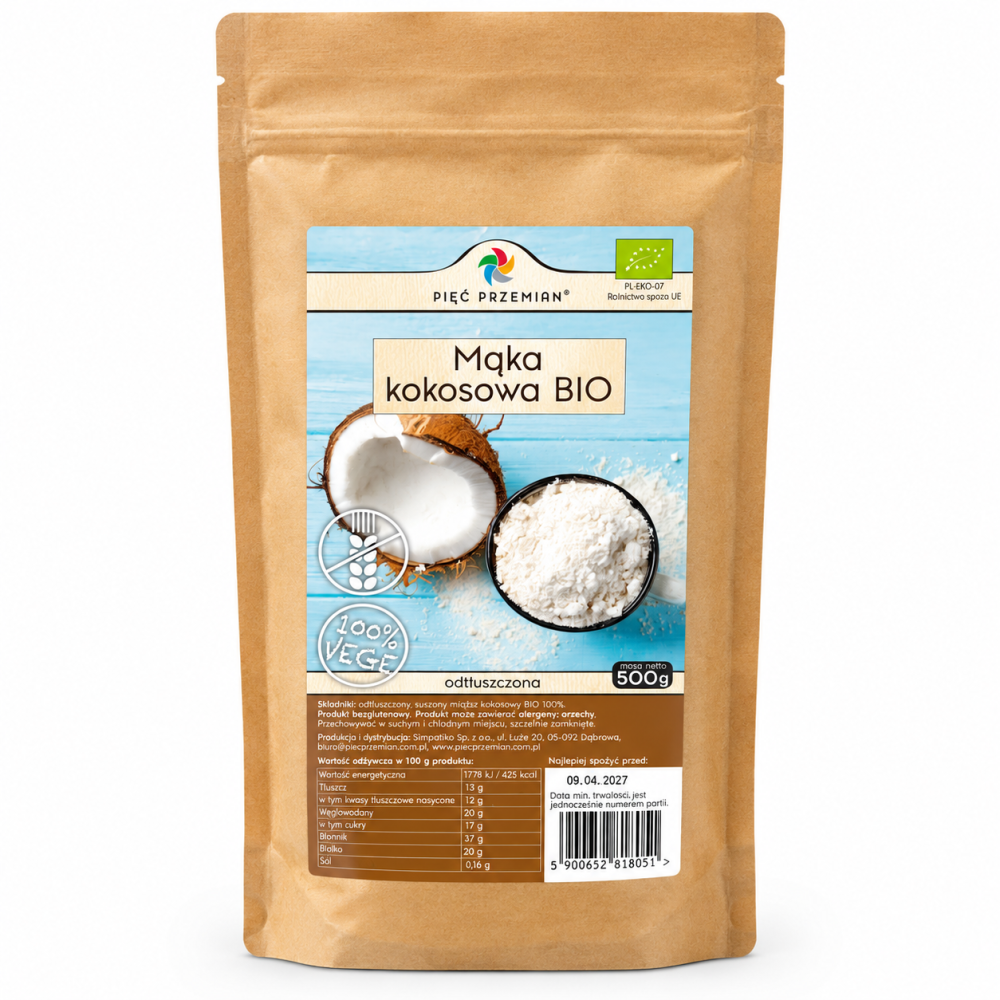 Mąka kokosowa BIO Pięć Przemian 500 g – ekologiczna, bezglutenowa i odtłuszczona. Bogata w błonnik, idealna do ciast, placuszków i domowych wypieków.