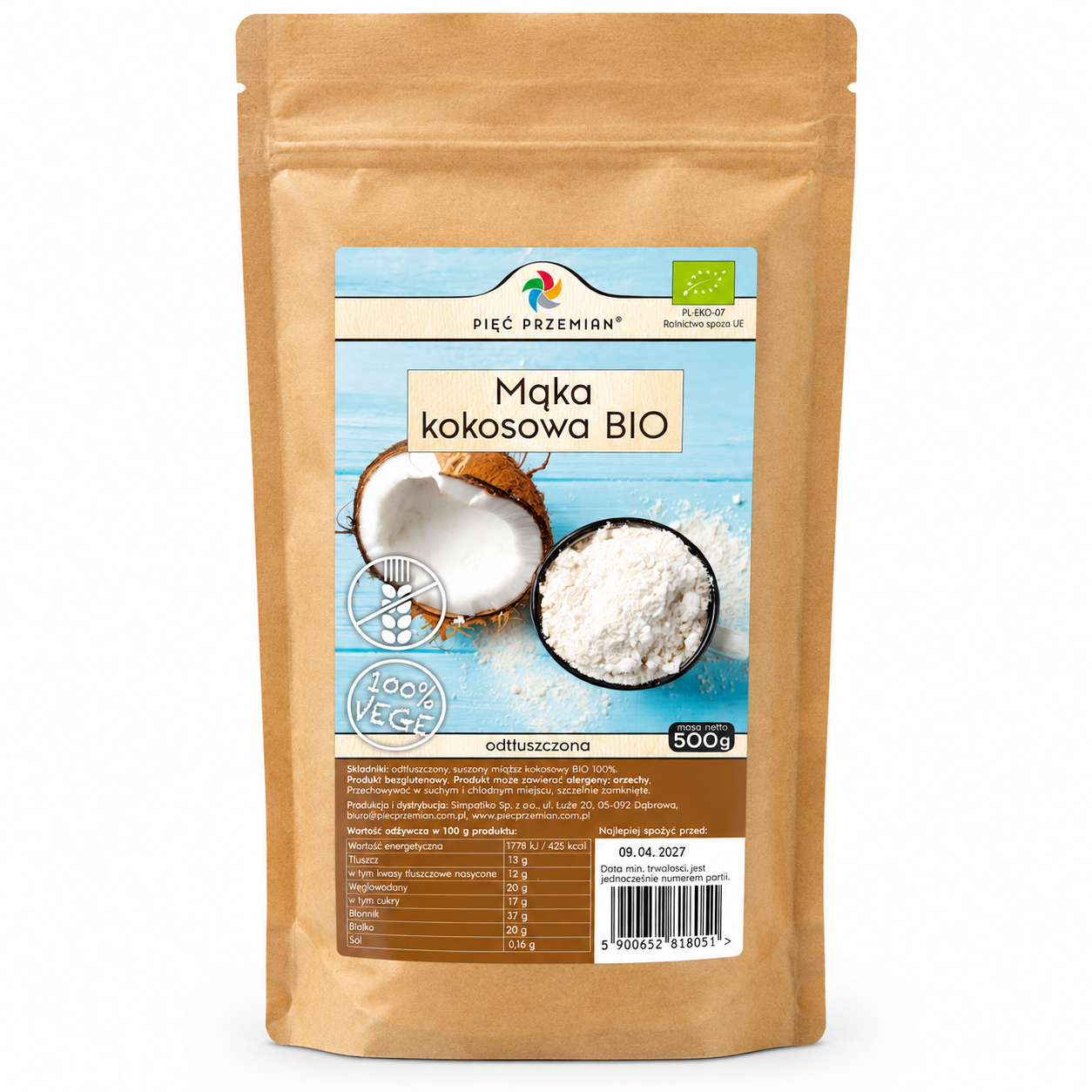 Mąka kokosowa BIO Pięć Przemian 500 g – ekologiczna, bezglutenowa i odtłuszczona. Bogata w błonnik, idealna do ciast, placuszków i domowych wypieków.